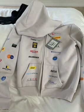 Balenciaga Unisex Light Gray Logo-Print Zip Hoodie with Multicolor Patches